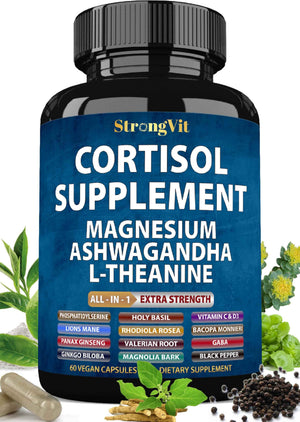 StrongVit Cortisol Supplements for Women and Men with Magnesium, Ashwagandha & L-Theanine. High Cortisol Reducer, Manager, Detox