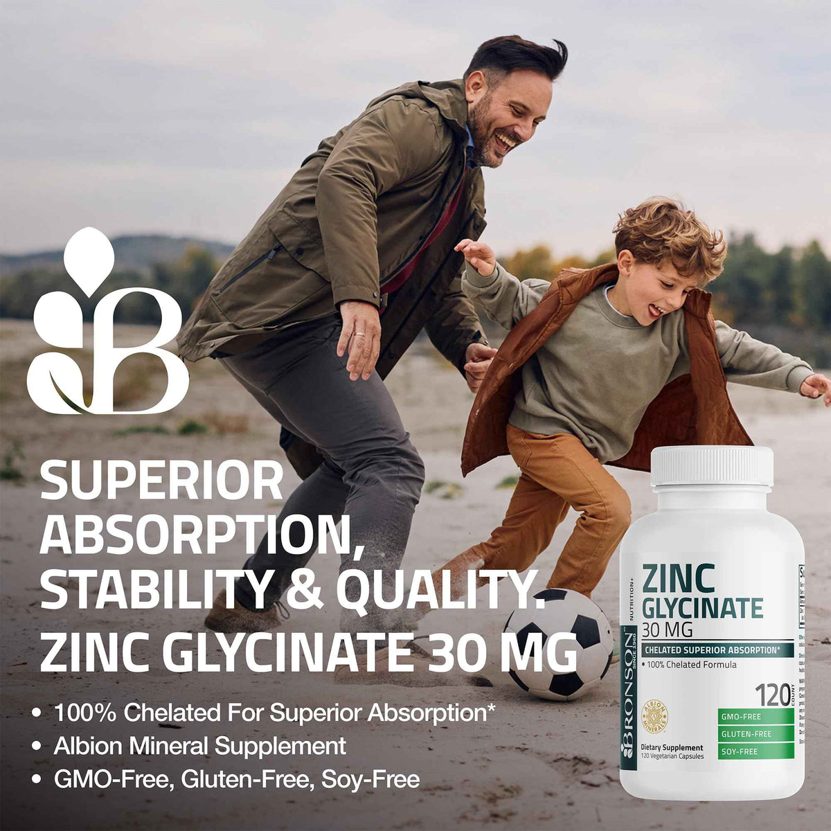 Bronson Zinc Glycinate 30mg Chelated Superior Absorption 100% Chelated Formula Non-GMO, 120 Vegetarian Capsules