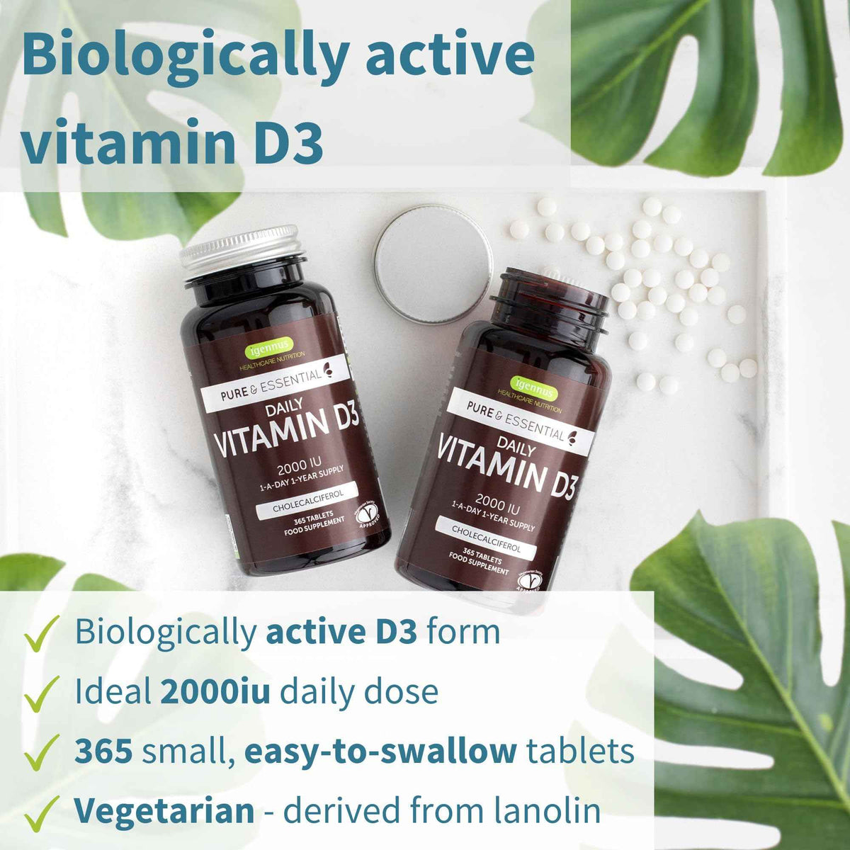 Igennus Daily Vitamin D3 2000iu, 50 mcg, Clean Label, 365 Small Tablets, 1-Year Supply, Vegetarian Cholecalciferol Vitamin D Supplement