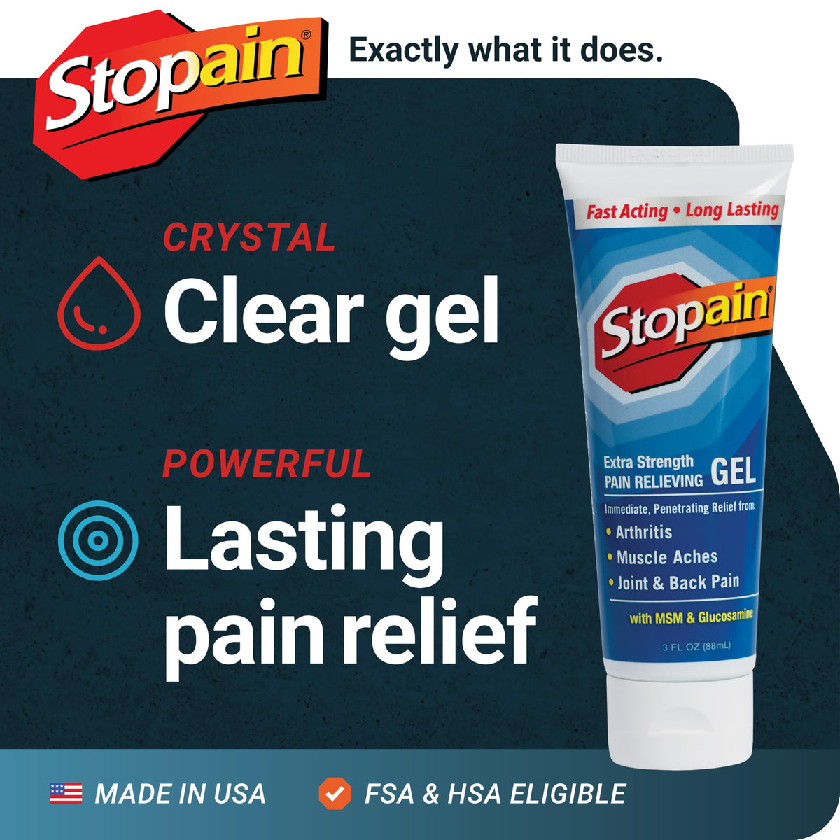 Stopain Pain Relief Gel 3oz (3 Pack) USA Made, Max Strength Fast Acting with MSM, Glucosamine, Menthol for Arthritis, Lower Back Sciatica, Knee, Neck, HSA FSA Approved Topical Analgesic Products