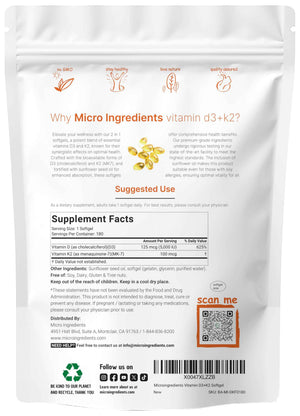 Micro Ingredients Vitamin D3 + K2 MK-7 5,000 IU Per Serving, 300 Softgels - K2 100 mcg Per Serving, D3 & K2 Vitamin Supplement for Women & Men. Easy-to-Swallow, Non-GMO, Gluten Free.