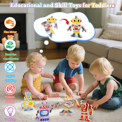 ATOYUS Wooden Robot Building Blocks Toys, STEM Montessori Preschool Toys for 3+ Year Old Toddlers, 35 Pcs Snap Together Take Apart Toy Playset for Kids Ages 3-5, Boys Girls Christmas Birthday Gifts