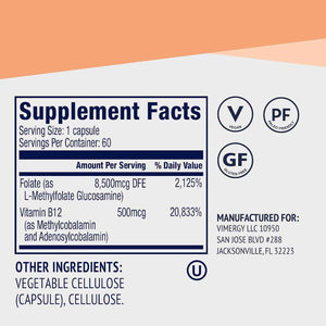 Vimergy 5-MTHF Capsules - 60 Servings (1 Capsule/Serving) 8500mcg L-Methylfolate Glucosamine and 500 mcg Vitamin B12 Supplement –Bioavailable Folate Supplement, Vegan (60 ct)