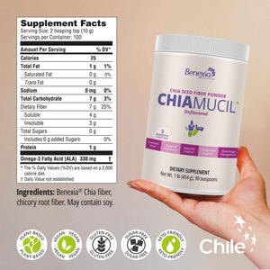 BENEXIA Chiamucil Prebiotic Chia Fiber Supplement Powder - for Appetite Control & Digestive Health - Chia Fiber & Chicory Root (Inulin) - Gluten & Sugar Free, Vegan