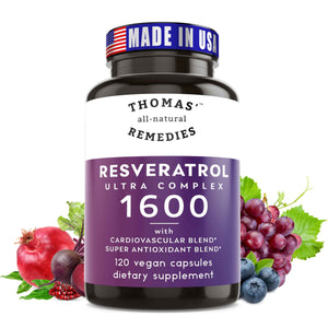 Thomas' all-natural Remedies Resveratrol 1600mg Organic Trans-Resveratrol Antioxidant Supplement with Organic Grape Seed Extract and Quercetin