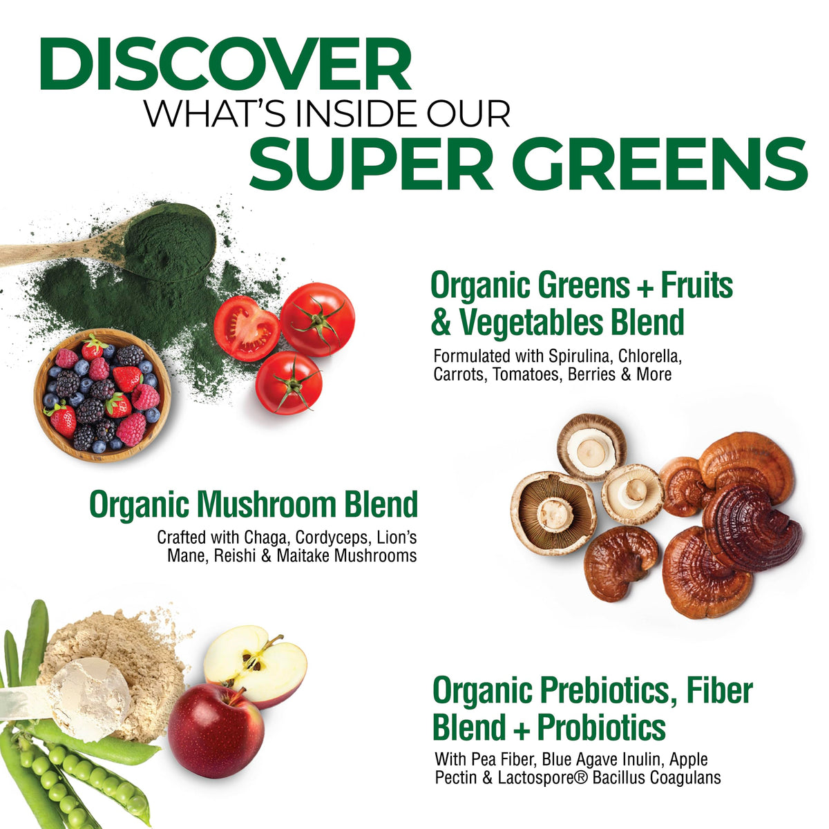 Country Farms Super Greens Natural Flavor, 50 Organic Super Foods, USDA Organic Drink Mix, Fruits, Vegetables, Super Greens, with Fiber, Mushrooms & Probiotics, Supports Energy, 60 Servings, 900g