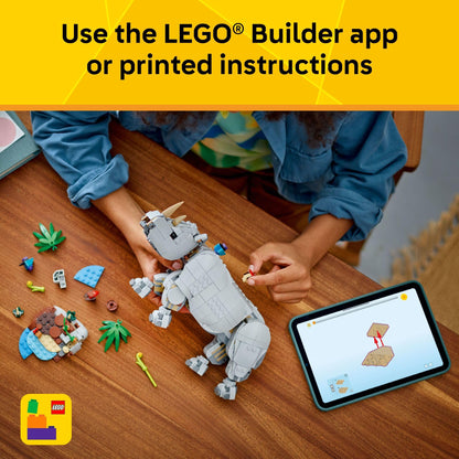 LEGO Creator 3 in 1 Wild Animals: Majestic Rhino with Birds Building Toys for Kids - Safari Pretend Play Toys for Girls & Boys, Ages 9+ - Gift for Birthdays - 31171