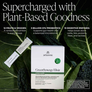 Arbonne GreenSynergy Elixir - Citrus-Flavored Greens Powder with 13 Digestive Enzymes, Vegan Collagen Builder, Probiotics, and Prebiotics - Supports Gut Health and Digestion - 30 Stick Packs