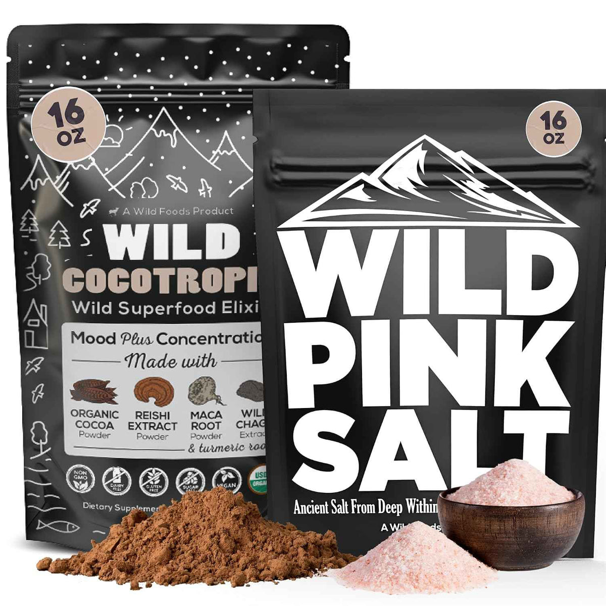 Cocotropic & Salt Duo: Wild Cocotropic Mushroom Cacao & Wild Himalayan Pink Salt (16oz Each)