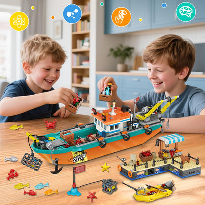 City Fishing Boat Wharf Building Set - Floatable Sea Fishing Ship Building Block Kit with Speedboat Crane Containers Exploration Boats Toy Birthday Gift for Kids Boys Girls 6 7 8 9 10+, 762PCS