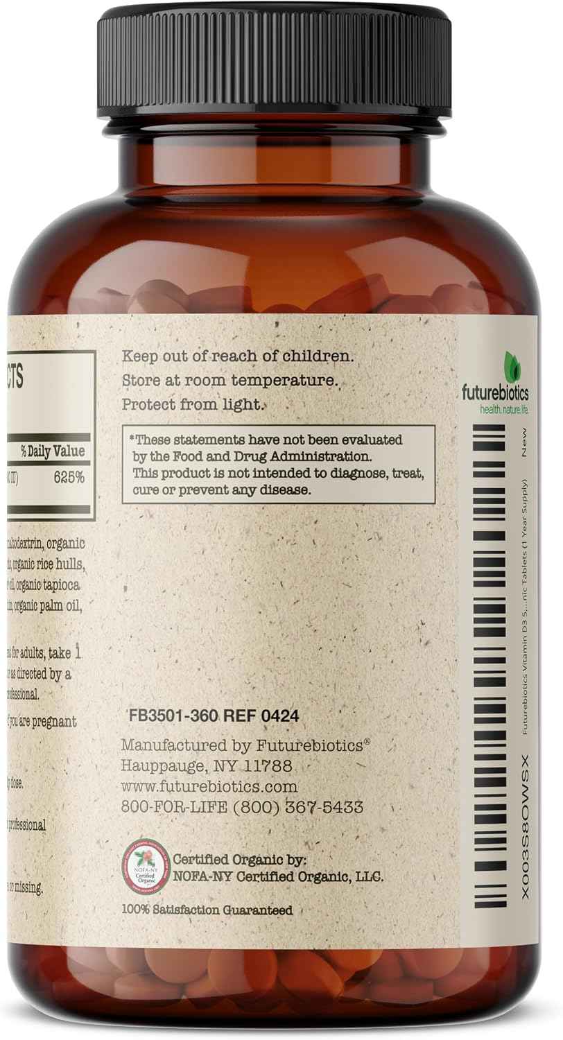Futurebiotics Vitamin D3 5,000 IU (125 MCG), USDA Certified Organic Vitamin D Supplement, 360 Tablets