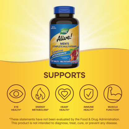 Nature's Way Alive! Men's Complete Daily Multivitamin, Supports Energy Metabolism & Muscle Function*, with B-Vitamins, Gluten Free, 130 Tablets (Packaging May Vary)
