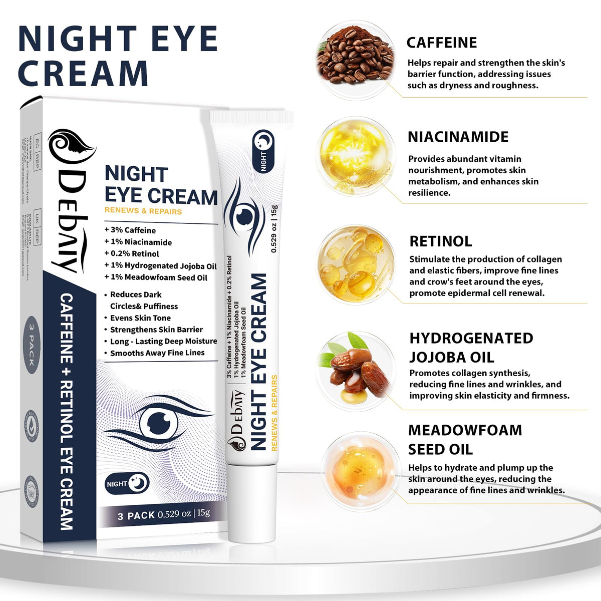 DEBAIY 3% Caffeine Eye Cream for Dark Circles & Puffiness – Anti-Aging Under Eye Treatment for Bags, Night Repair Eye Cream (3 Pack)