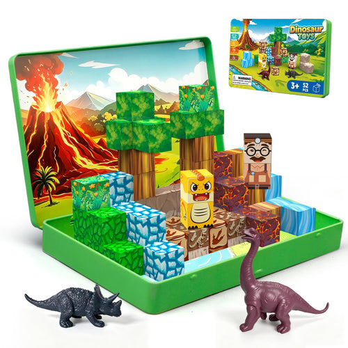 DQMOON Magnetic Blocks Travel Set with Magnetic Case - 52 PCS Magnetic Building Blocks Cubes Dinosaur Toys for Kids 3-5 4-8 Girls Boys Kids Toys, STEM Sensory Toddler Birthday