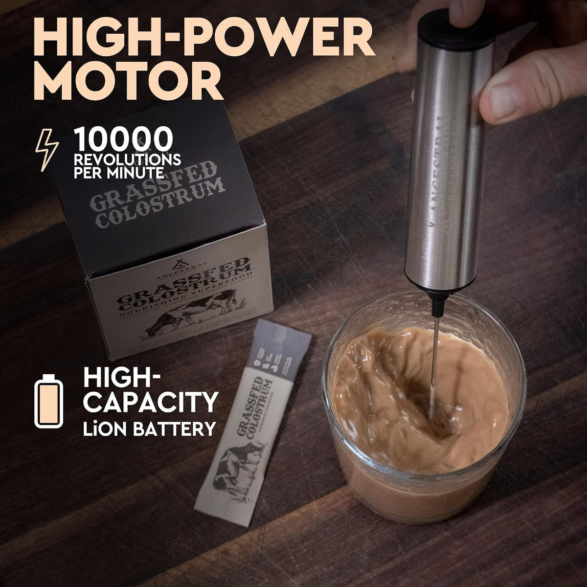 Ancestral Supplements Rechargeable Electric Frother Wand, Stainless Steel - Handheld milk frother and electric whisk for coffee, matcha latte and protein shakes. Fast, easy frothing.