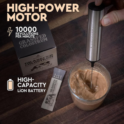 Ancestral Supplements Rechargeable Electric Frother Wand, Stainless Steel - Handheld milk frother and electric whisk for coffee, matcha latte and protein shakes. Fast, easy frothing.