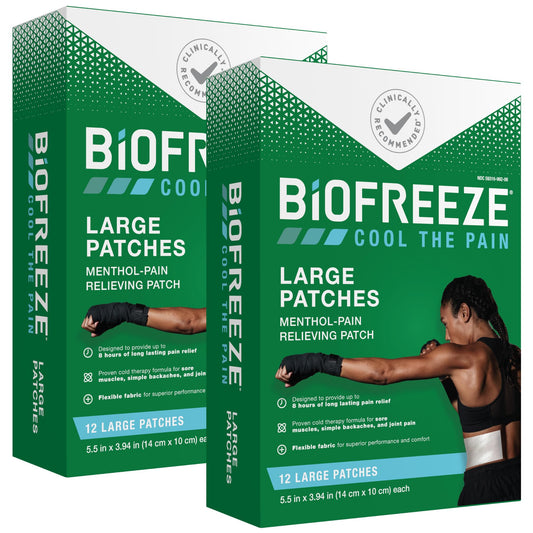 Biofreeze Large Patches, Menthol Patches for Lower Back, Neck, Knee, & Shoulder, Comfortable & Flexible Fabric Stays in Place, 12 Count (Pack of 2)