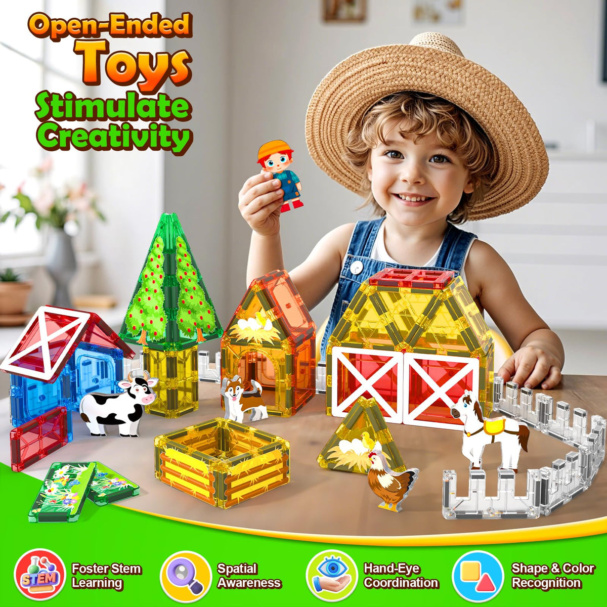 Magnetic Tiles Farm Animals Set, Immersive Storytelling Building Blocks for Toddlers 3-5, 3D Farm House STEM Toys with UV-Printed Realistic Animals, Compatible with All Major Brands