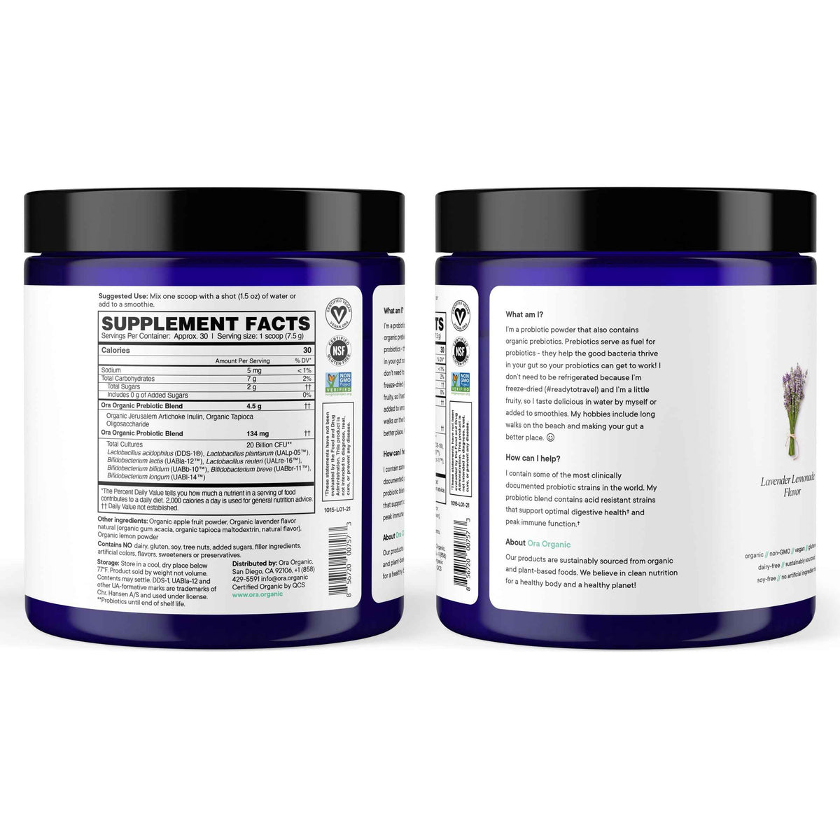 Ora Organic Prebiotic and Probiotic Powder Supplement - 20 Billion Probiotics, 7 Strains for Best Prebiotic Powder, Non-GMO, Probiotics for Women, Men & Kids - Lavender Lemonade Flavor, 30 Servings