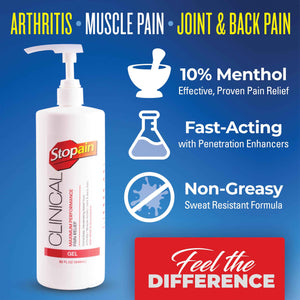 Stopain Clinical Pain Relief Gel 32 oz - Professional Formula for Arthritis, Knee, Back & Muscle Pain - Maximum Strength Gel for Joint & Nerve Pains with 10% Menthol Plus Glucosamine - Made in USA