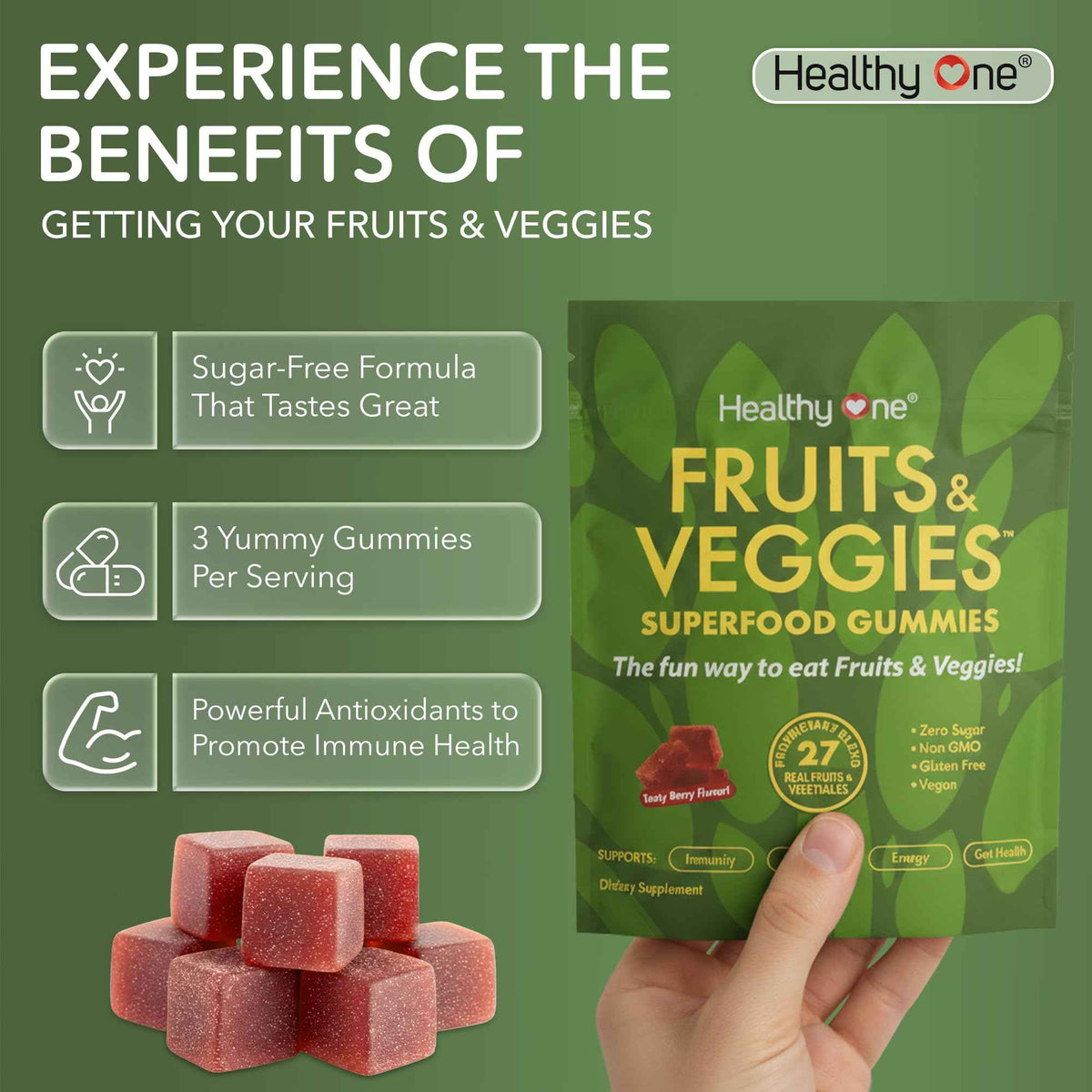 Fruits & Veggies Sugar-Free Gummies - 27 Whole Foods - Equals 3 Servings of Fruits & Vegetables - Improve Energy, Focus & Immune Function - Fiber - Antioxidants - Organic Ingredients - 14 Packets