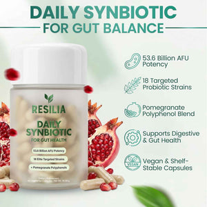Resilia Synbiotic Probiotic + Prebiotic Supplement for Women & Men - 53.6 Billion AFU, 18 Strains, Shelf-Stable Capsules with Polyphenols, Digestive & Gut Balance Support, 60 Capsules