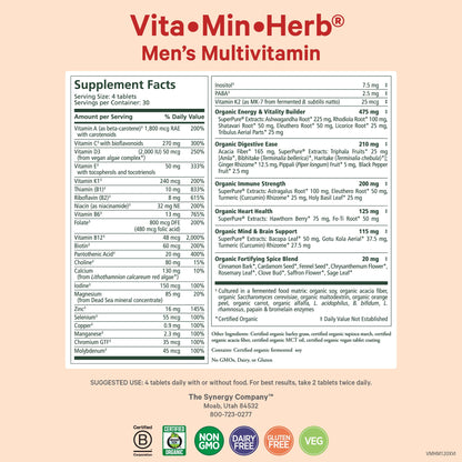 PURE SYNERGY Vita·Min·Herb for Men | Men’s Comprehensive Multivitamin Supplement | Made with Organic Whole Food Non-GMO Ingredients | Daily Energy & Immune Support (120 Tablets)