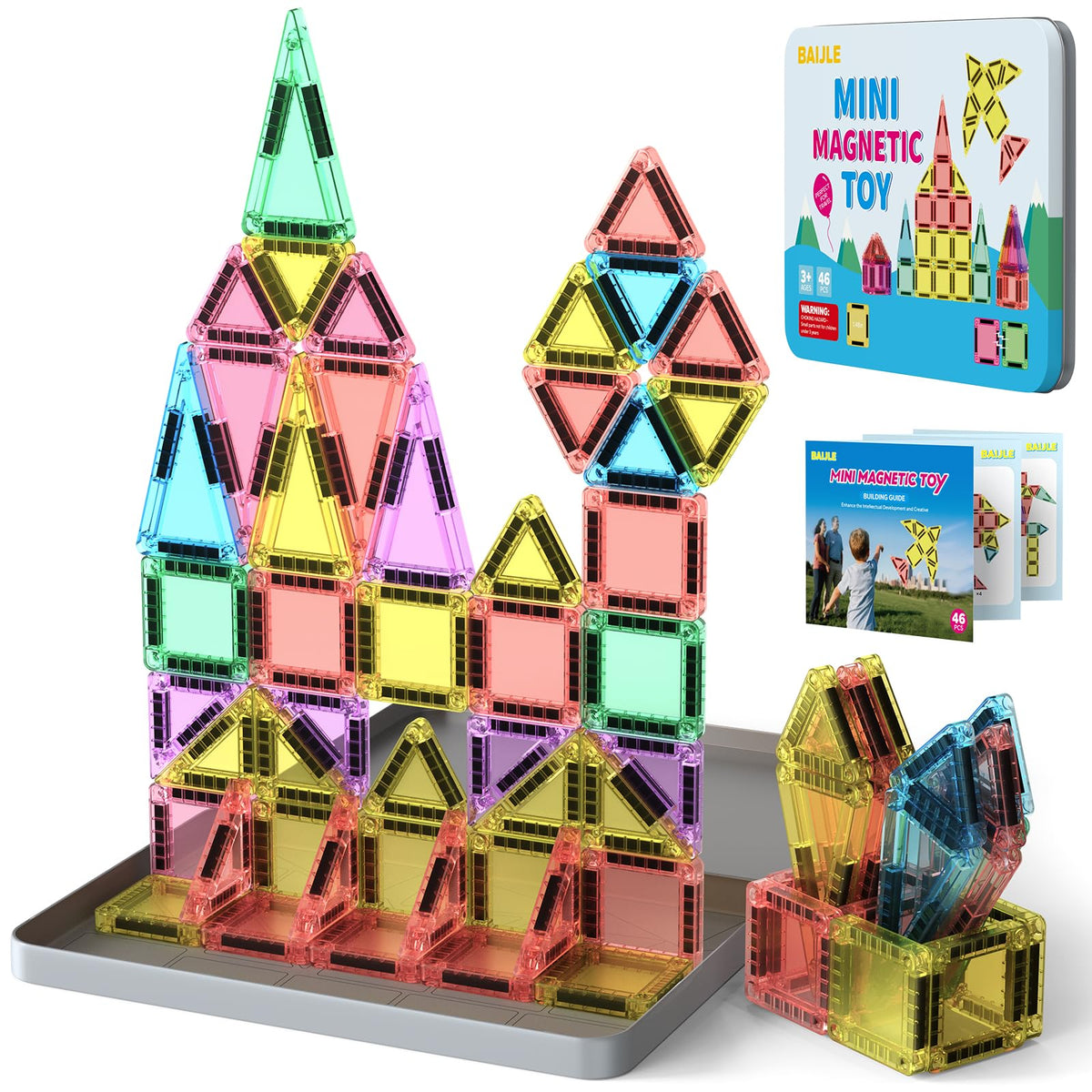 BAIJLE 46PCS Mini Magnetic Tiles, for Kids, Portable Magnetic Toys Travel Set with Iron Case for Kids Ages 4-8,Creativity Boosting Building Toys Set,Toddler Puzzle for Boys and Girls Ages 3+