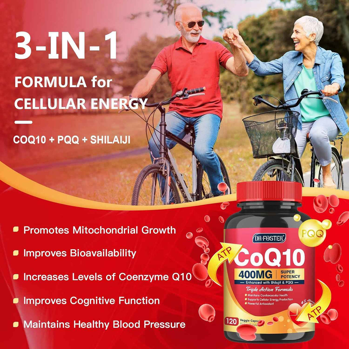 DRFOSTER CoQ10 400mg-High Absorption Coenzyme Q10 Supplements with PQQ, Shilajit & Vitamin E, Powerful Antioxidant for Heart & Brain Health and Energy-Production 120 Veggie Capsules