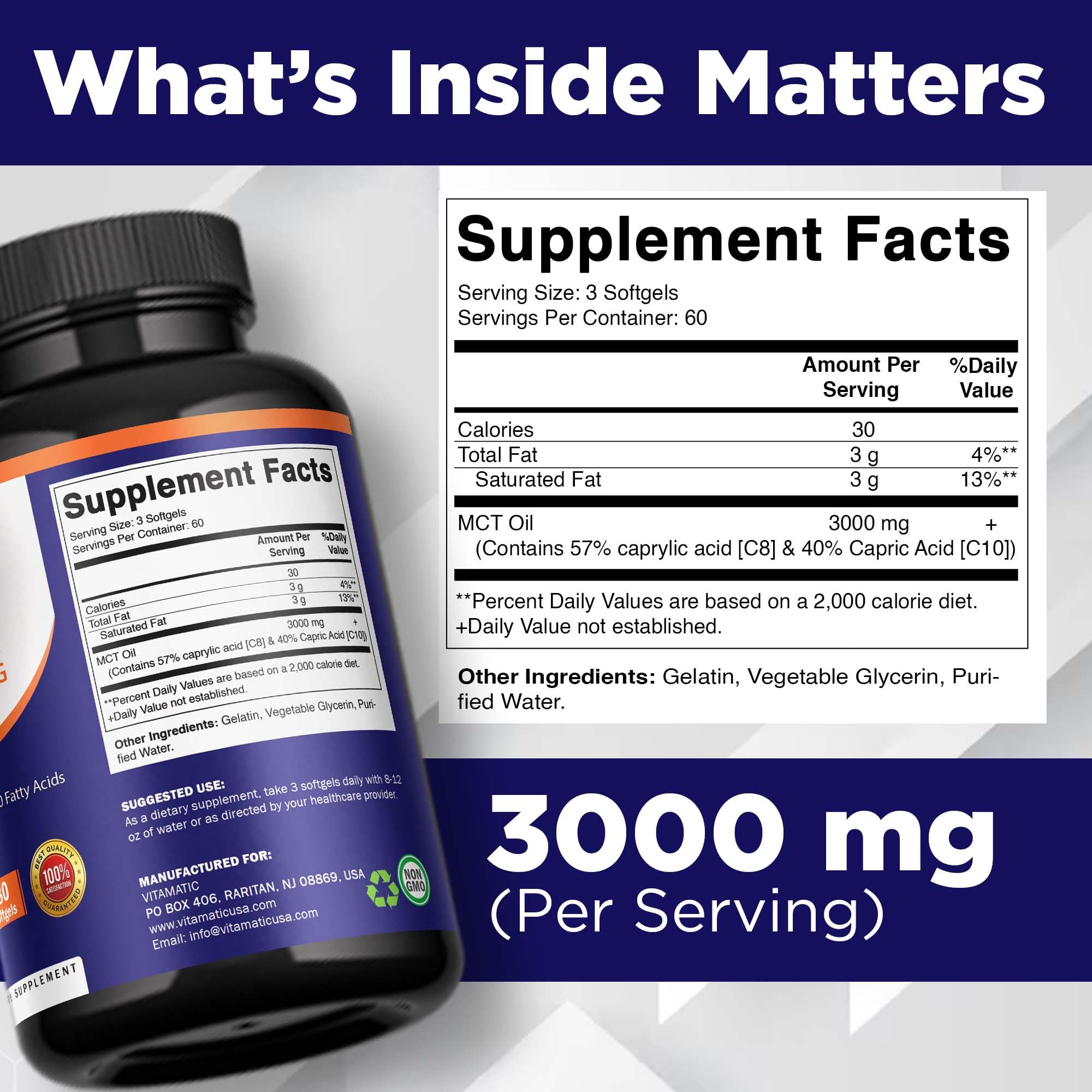Vitamatic 2 Packs MCT Oil Capsules 3000 mg per Serving - 180 Softgels - from Coconut Oil - Contains 55% caprylic Acid C8 and 40% capric Acid C10 (Total 360 Softgel)