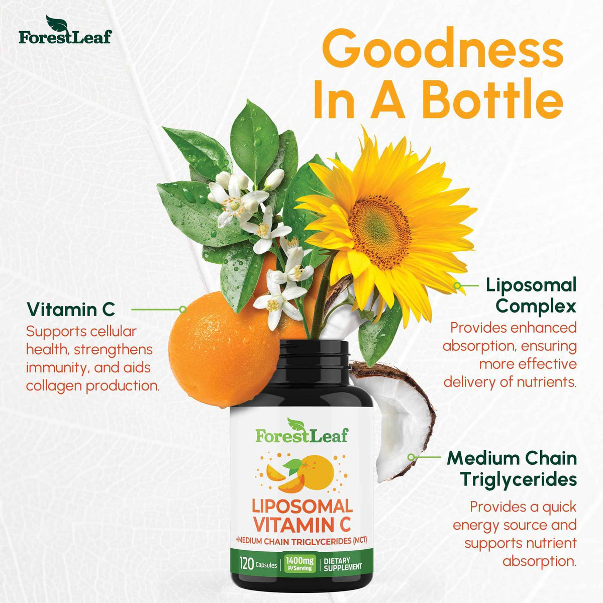 ForestLeaf Liposomal Vitamin C 1400mg Capsules - High Dose Vitamin C Liposomal Supplement w Coconut Oil Fatty Acids - Fast Absorption - Immune Support, Antioxidant