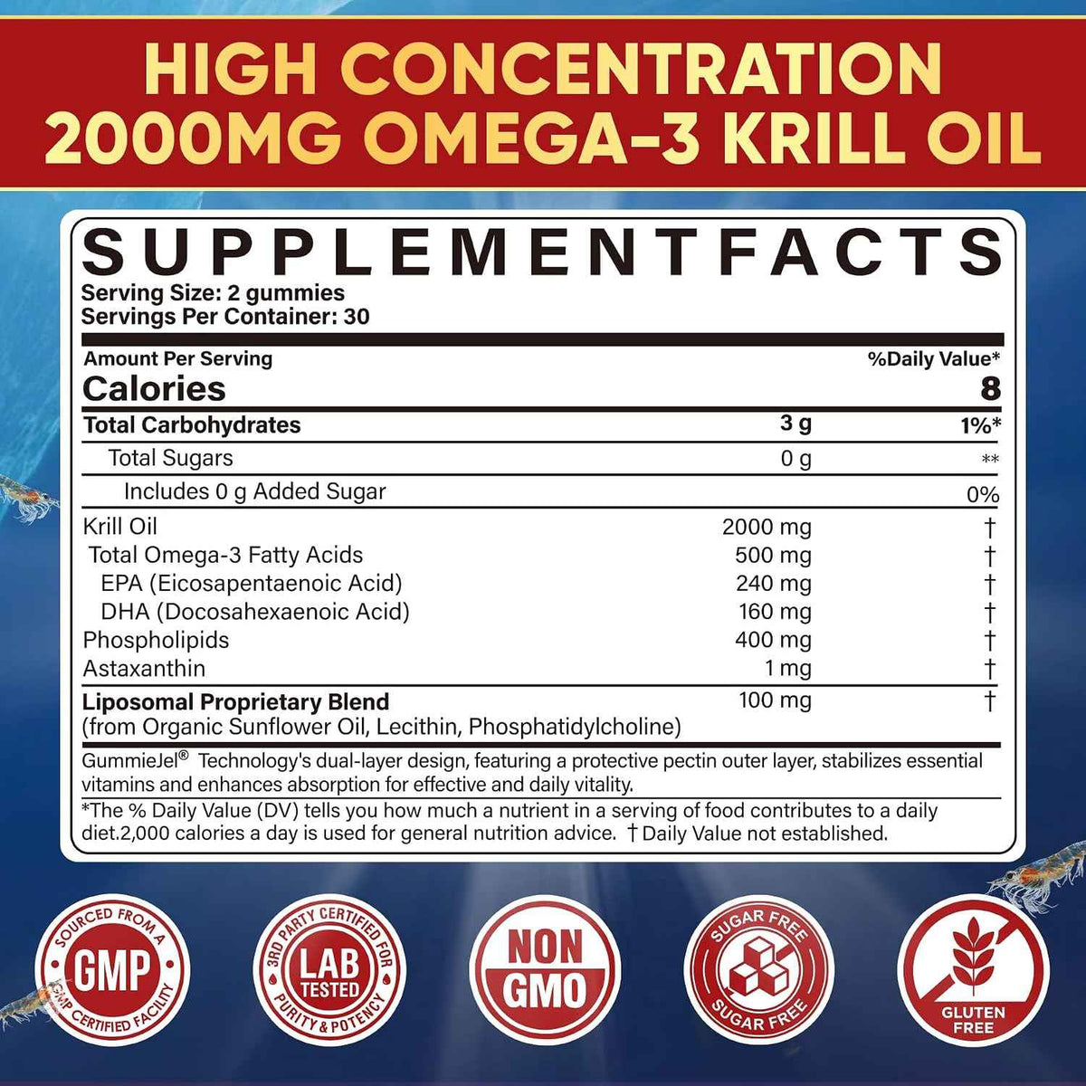 Liposomal Antarctic Krill Oil Omega 3 Gummies 2000mg - Cellular Level Absorption Omega-3 with EPA, DHA & Astaxanthin - Antioxidant & Brain Support - Fish Oil Supplements Alternative - 60 Count