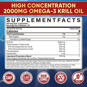 Liposomal Antarctic Krill Oil Omega 3 Gummies 2000mg - Cellular Level Absorption Omega-3 with EPA, DHA & Astaxanthin - Antioxidant & Brain Support - Fish Oil Supplements Alternative - 60 Count