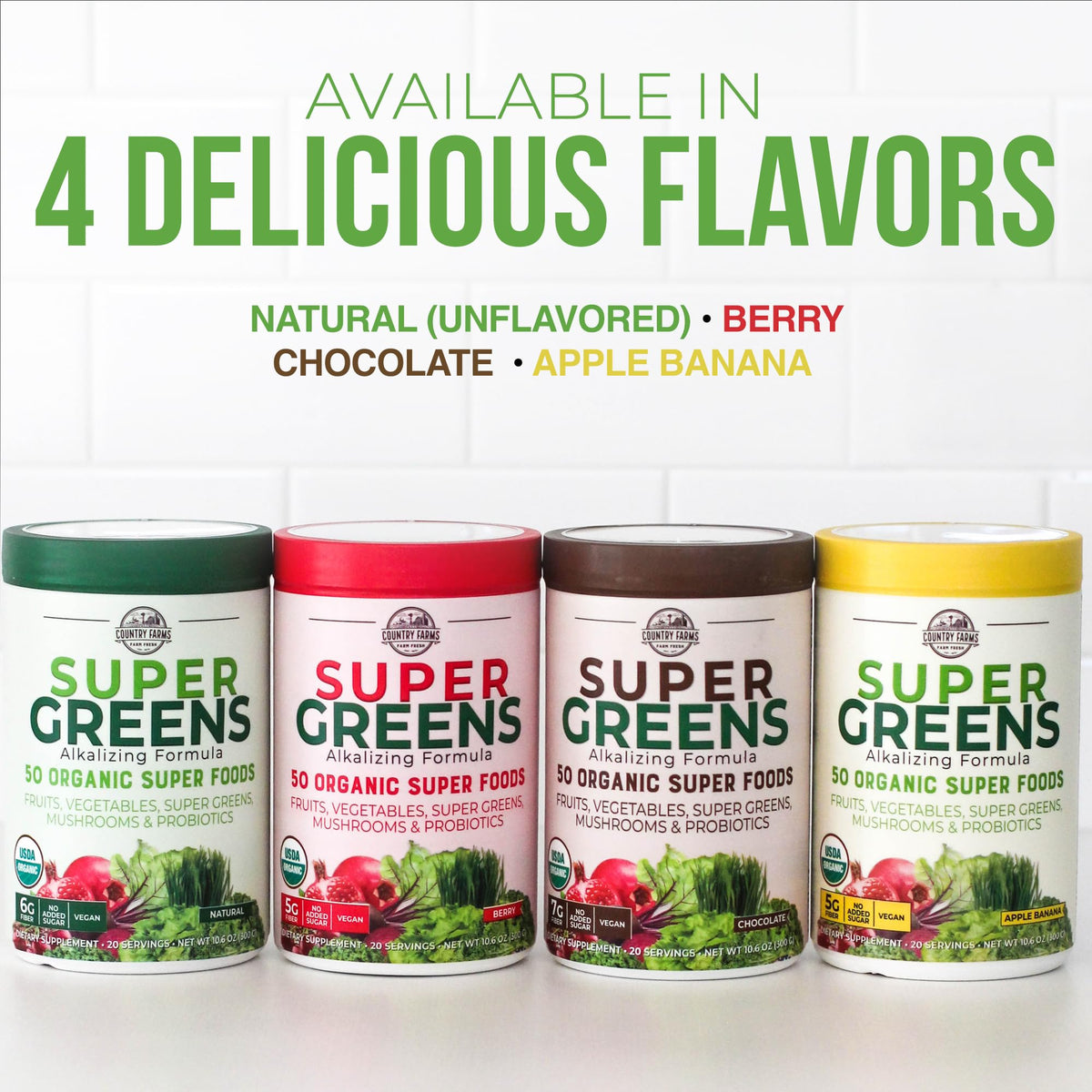 Country Farms Super Greens Natural Flavor, 50 Organic Super Foods, USDA Organic Drink Mix, Fruits, Vegetables, Super Greens, Mushrooms & Probiotics, Supports Energy, 40 Servings, 10.6 Oz, 2 Pack