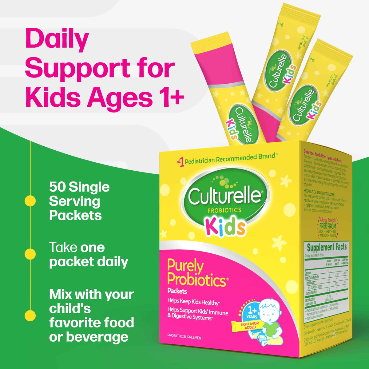 Culturelle Kids Daily Probiotic Packets for Kids, (Ages 3+) - 50 Count - From the #1 Pediatrician-Recommended Brand - Flavorless Daily Probiotics