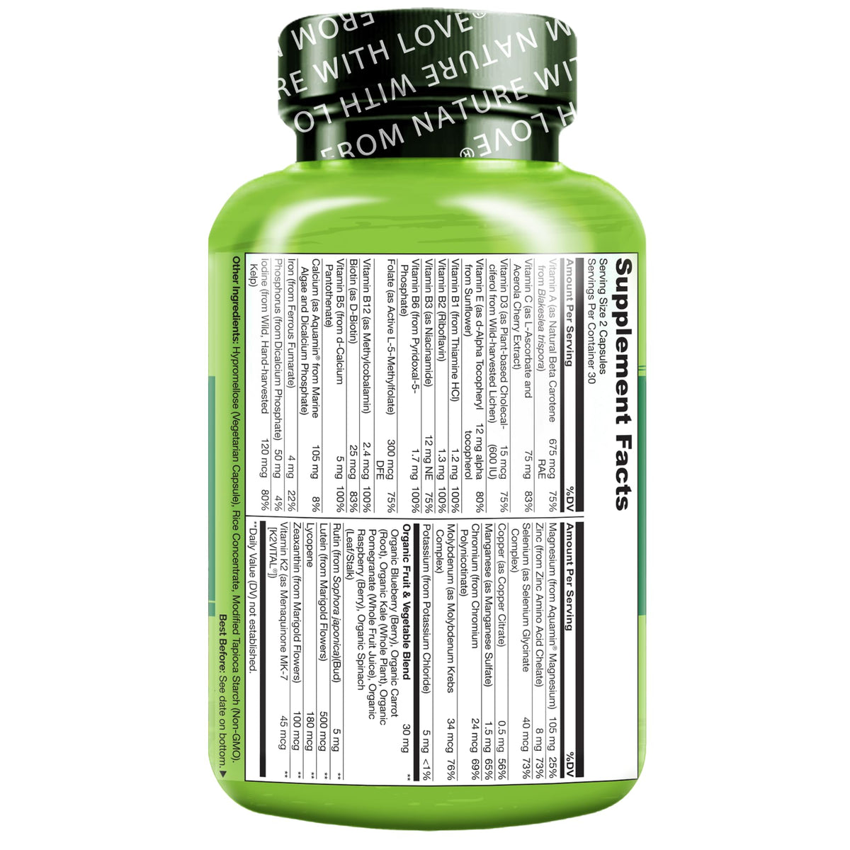 NATURELO Multivitamins for Teenage Girls/Boys, 60 Capsules, Whole Food Multivitamin with Minerals, Non-GMO, Vegetarian