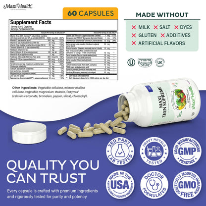 Teen Vitamins for Boys 12-17 - Teen Multivitamin Supreme with D3, Iron, Calcium, Biotin, Digestive Enzymes – Teenager Boy Multi Vitamins for Energy, Brain & Mood Support – 60 Count