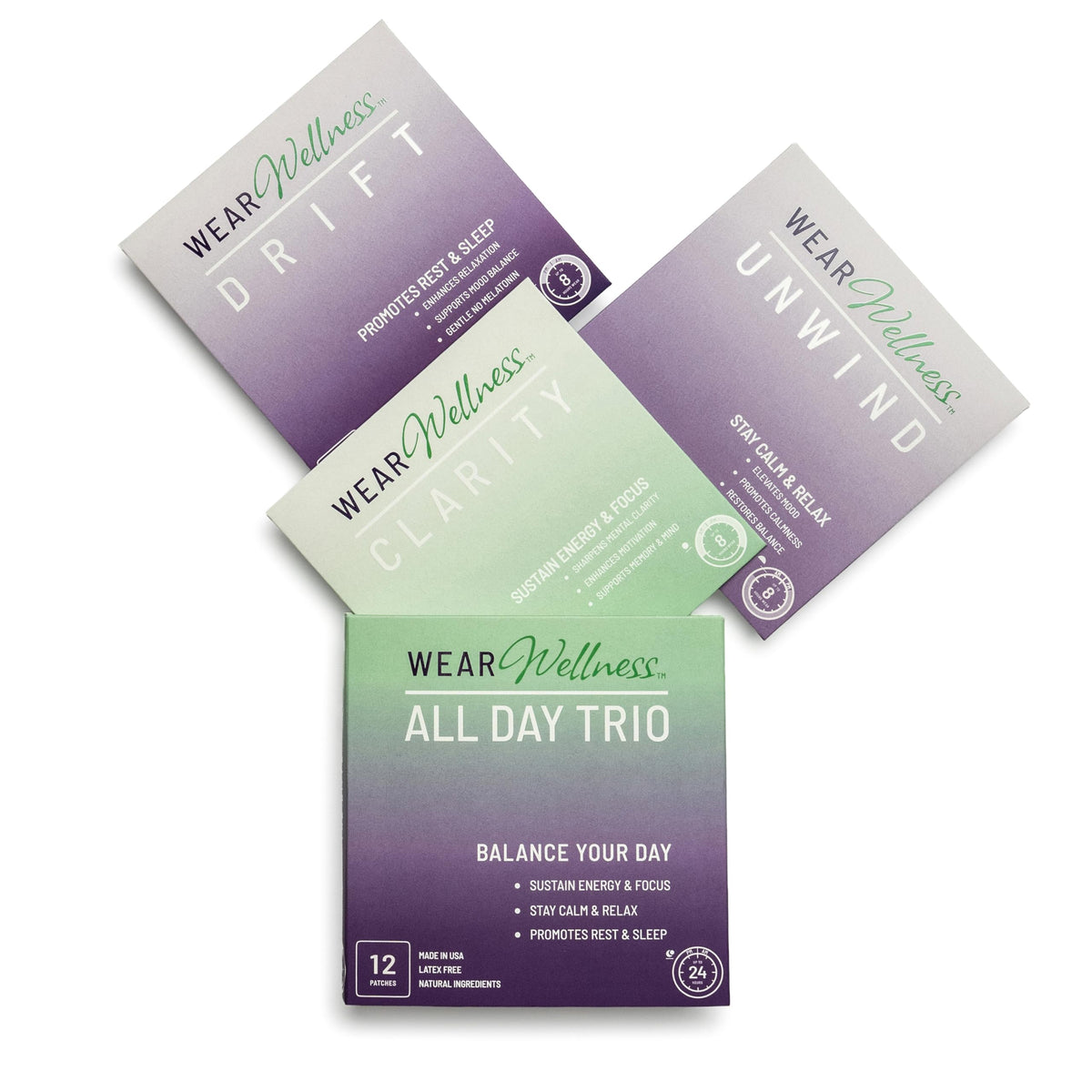 Wear Wellness All Day Trio - Unwind, Drift & Clarity Film Patches - Topical Patches for Calm, Focus & Sleep Support - Long-Lasting Effect – 12 Pack