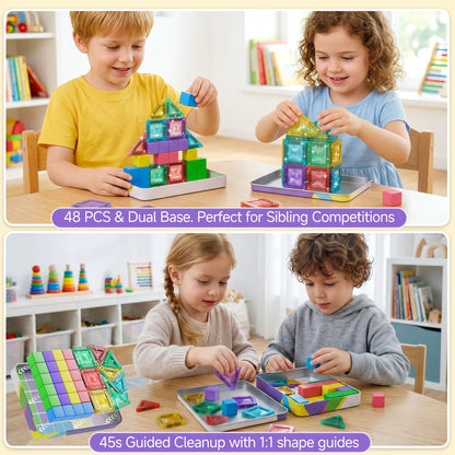 burgmate Mini Magnetic Blocks Travel Set: 48 Pieces 3 in 1 Magnetic Tiles Set with an Ultra-Light Tin Box for On the Go, 60 Mins Focus 45s Cleanup - Boys Girls Air Travel Ages 3-8