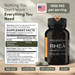 Rhea Bovine Colostrum Supplement for Women, Colostrum Capsules for Gut Health, Digestion, Bloating, Beauty, Immune Support, Bovine Colostrum for Humans, Colostrum Pills (60caps)