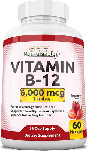 NaturalisimoLife Vitamin B12 6,000 mcg - Quick Dissolve Strawberry Flavor Nuggets - 60 Nuggets, Non-GMO, Vegan, Gluten Free