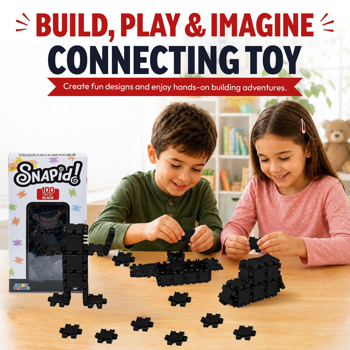 Play Build 100 Piece Black Snap Connecting Building Toy Set for Kids