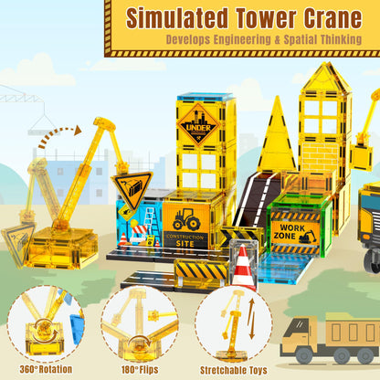 SKTMYY Magnetic Tiles for Kids, Construction Toys with Crane Road Truck Magnets Building Blocks Gifts for Kids Ages 3-5 4-8 Montessori Preschool Educational STEM Toy Gifts for 3+ Years Old Boys