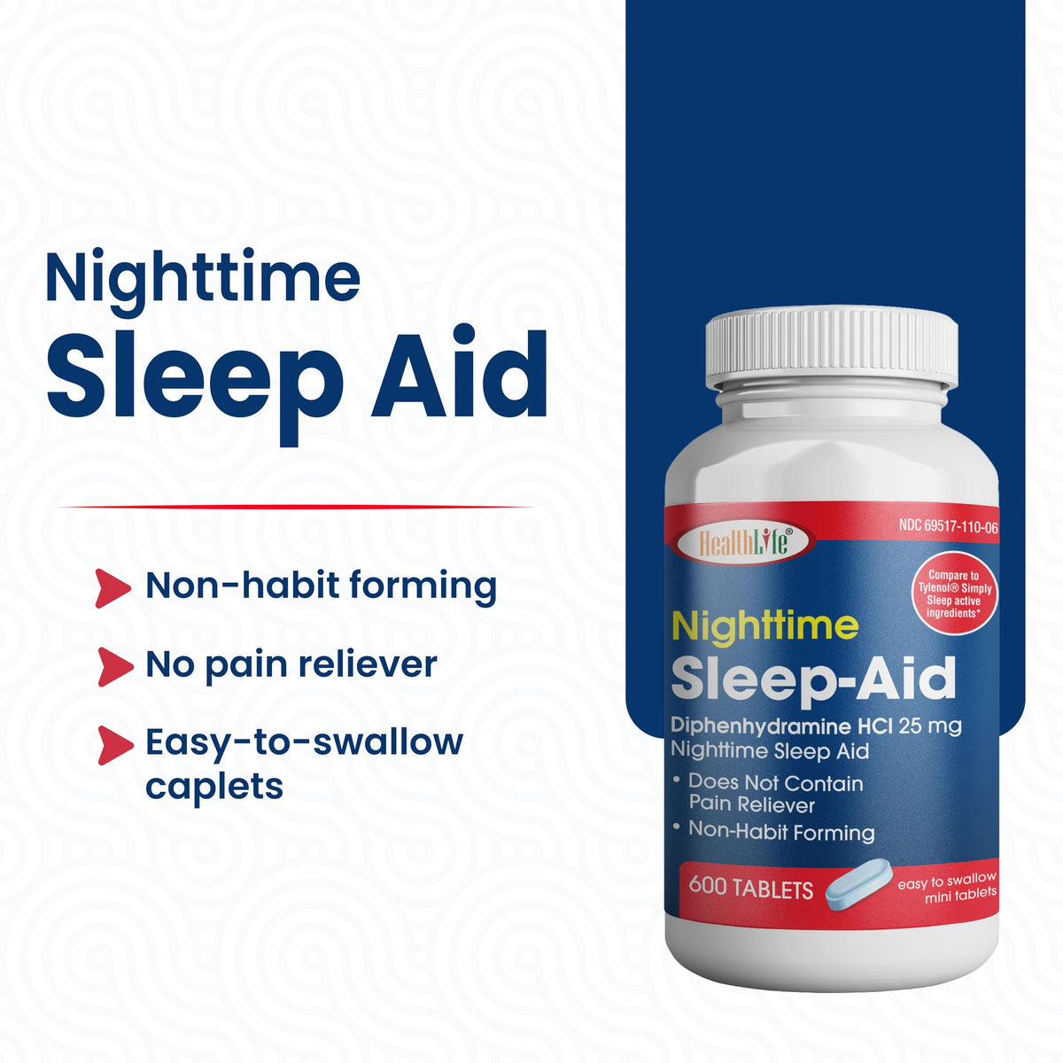 HealthPharma Nighttime Sleep-Aid, Diphenhydramine HCL Caplets, 25 mg (Blue), 600 Count