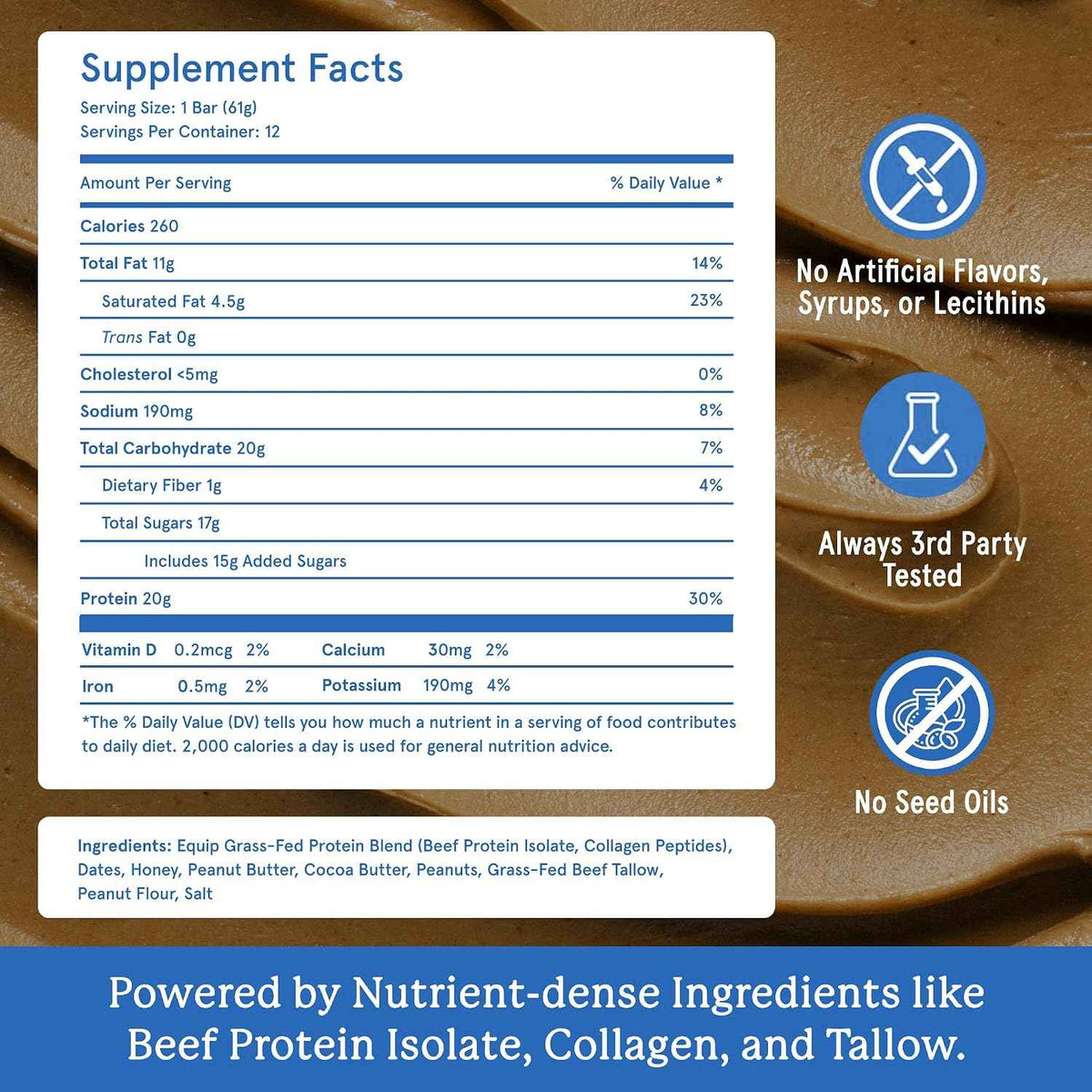 Equip Foods High Protein Prime Bars - Grass Fed Beef Protein, Collagen & Tallow - Gut Friendly, Gluten Free 20g Protein Bars - Only Real-Food Ingredients - On-the Go Snack - Peanut Butter, 12 Count