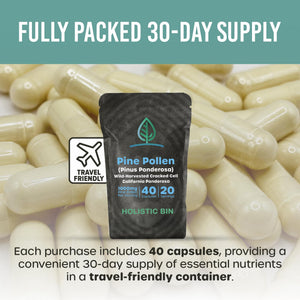 Holistic Bin Pine Pollen Capsules 500mg (Pinus Ponderosa) - Wild Harvested California Ponderosa Pine Pollen Powder - Olympic Grade - Organic, Non-GMO, No Fillers - 30 Day Supply (40 Capsules) Holistic BinBuy Supplements Australia