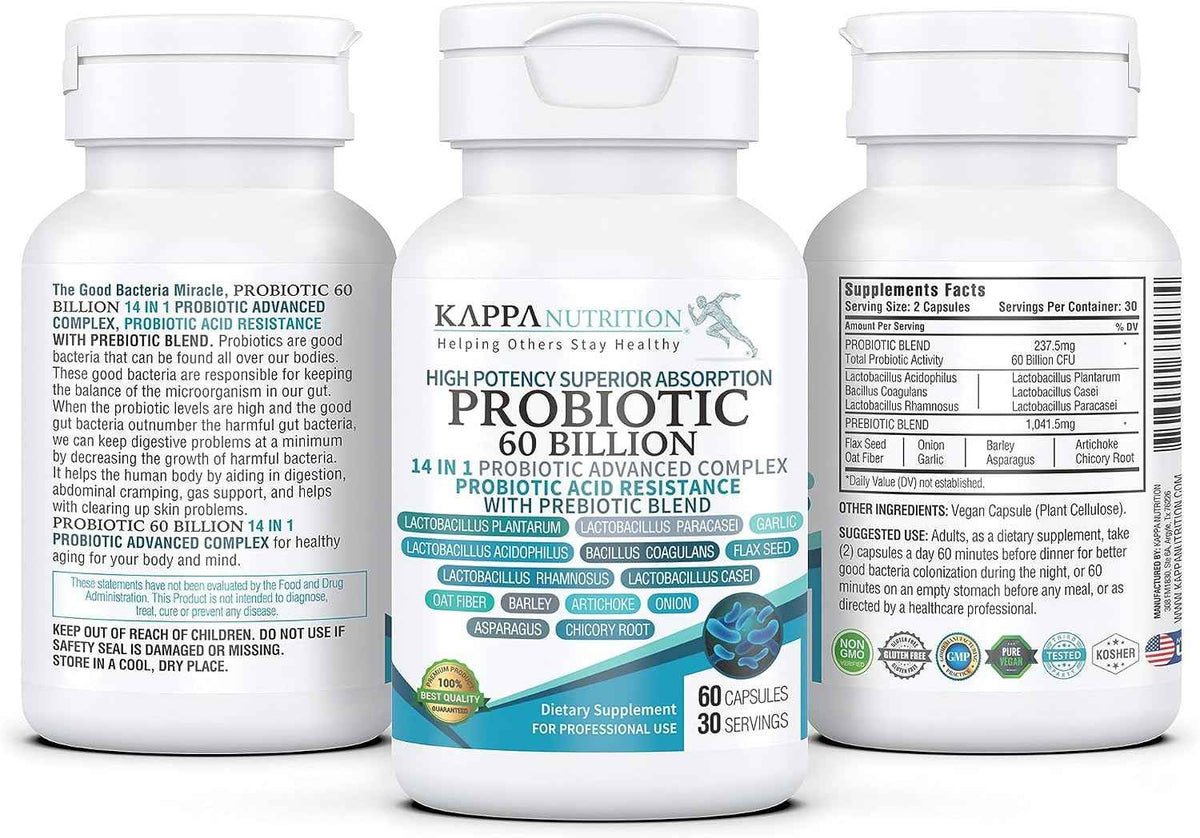 KAPPA NUTRITION Probiotic 60 Billion CFU 14 in 1 Formula with Prebiotics & Acidophilus for Women, Men & Adults, Shelf Stable, Acid Resistant, Natural Supplement 60 Capsules.