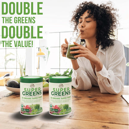 Country Farms Super Greens Natural Flavor, 50 Organic Super Foods, USDA Organic Drink Mix, Fruits, Vegetables, Super Greens, Mushrooms & Probiotics, Supports Energy, 40 Servings, 10.6 Oz, 2 Pack
