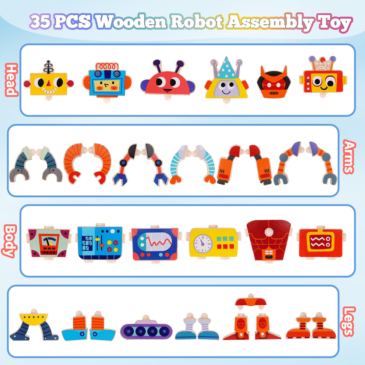 ATOYUS Wooden Robot Building Blocks Toys, STEM Montessori Preschool Toys for 3+ Year Old Toddlers, 35 Pcs Snap Together Take Apart Toy Playset for Kids Ages 3-5, Boys Girls Christmas Birthday Gifts