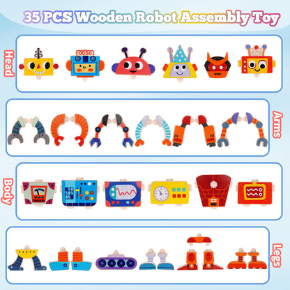 ATOYUS Wooden Robot Building Blocks Toys, STEM Montessori Preschool Toys for 3+ Year Old Toddlers, 35 Pcs Snap Together Take Apart Toy Playset for Kids Ages 3-5, Boys Girls Christmas Birthday Gifts